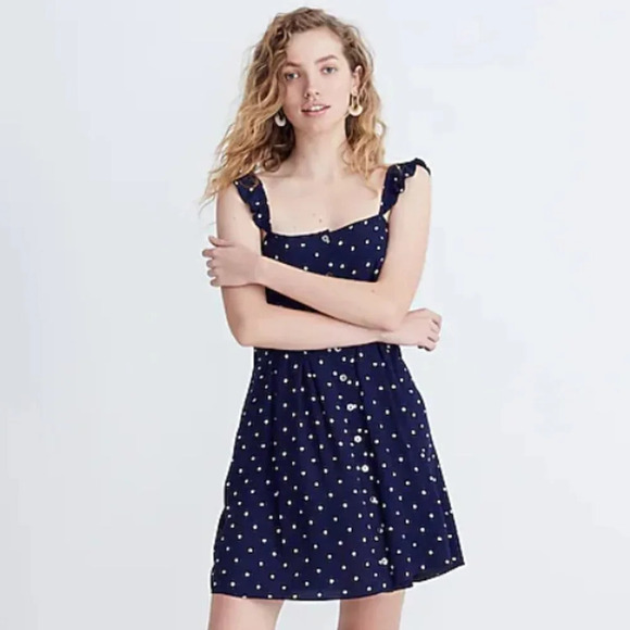 MADEWELL Blue and Cream Polka Dot Ruffle-Strap Button-Front Mini Dress Size 6 - Picture 1 of 14